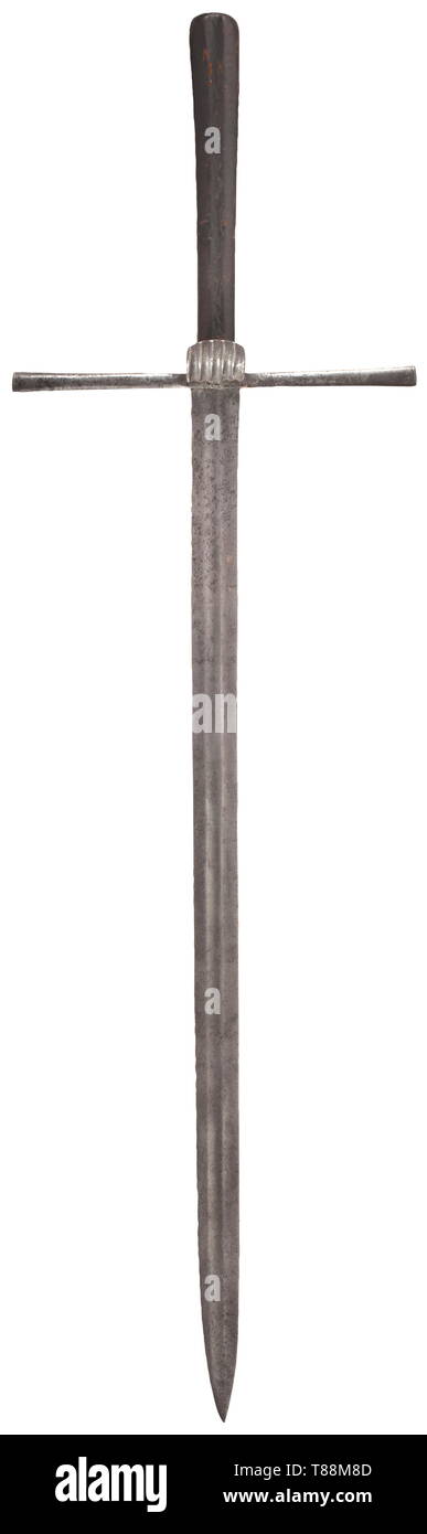Un cuchillo largo de Alemania del Sur, circa 1500 simple recta con doble  cuchilla de filo fullers plana en ambos lados. Profundamente impresionado  cruzan la marca en el reverso. Ampliamente extendido, cruz
