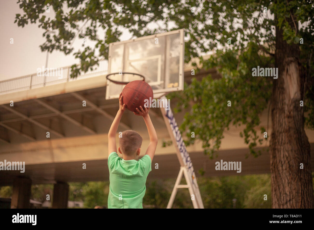 Un chico, jugar baloncesto solos, sosteniendo un balón en sus manos,  disparar a un tablero. cuerpo superior, vista trasera, disparos por la  espalda Fotografía de stock - Alamy