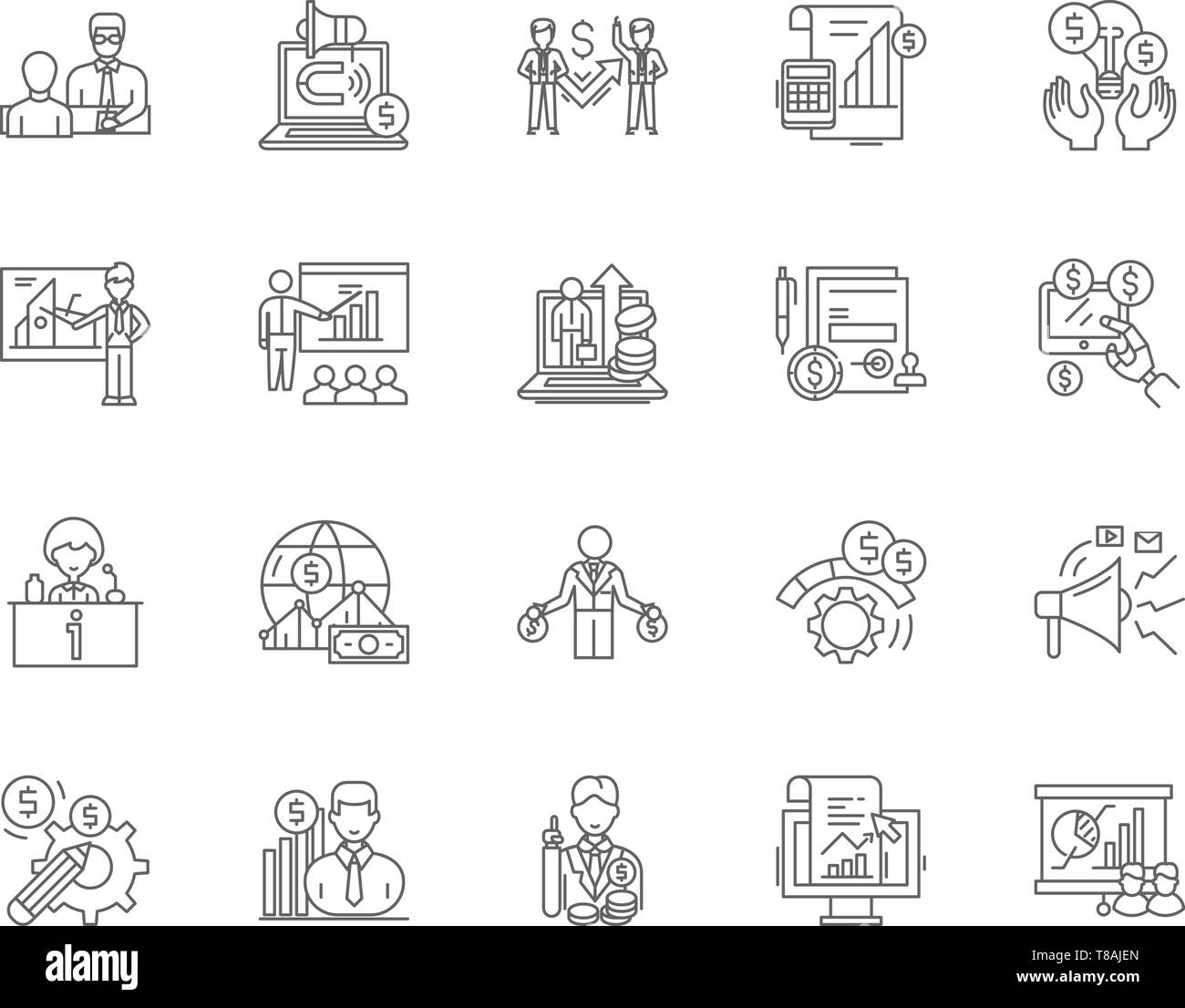 Línea de relaciones financieras iconos, signos, vector, ilustración esquema concepto Ilustración del Vector