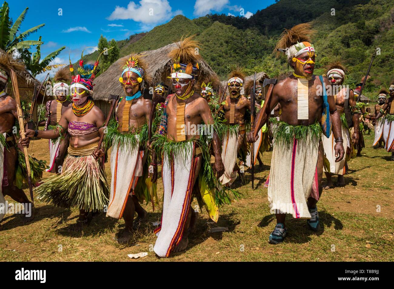 Papua Nueva Guinea, la provincia Hela, guerreros ataviados a la manera tradicional en ocasión de un sing-sing Foto de stock