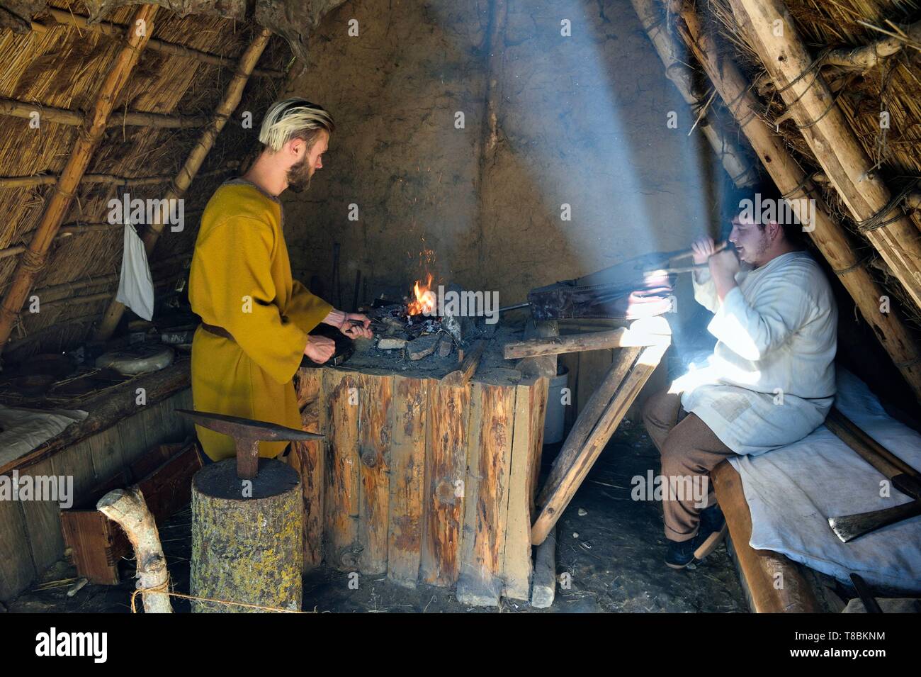 Francia, Calvados, Herouville Saint Clair, Domaine de Beauregard, Ornavik  Historical Park, la reconstitución de un campamento vikingo del año 1000,  el espacio compuesto de tiendas que los vikingos se llevaron con ellos
