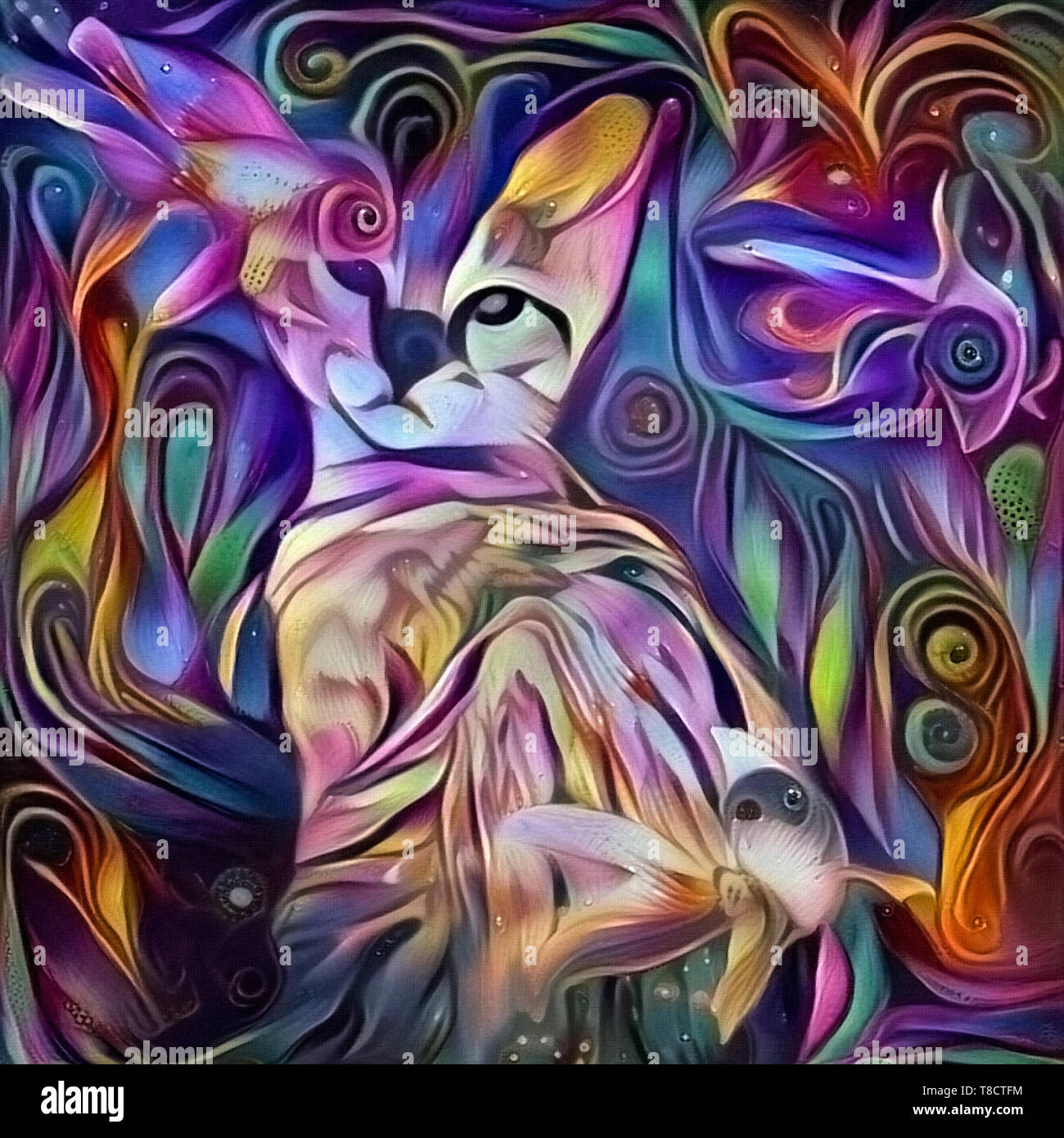 La pintura moderna en colores vivos. Kitty cat y coloridos peces Fotografía  de stock - Alamy