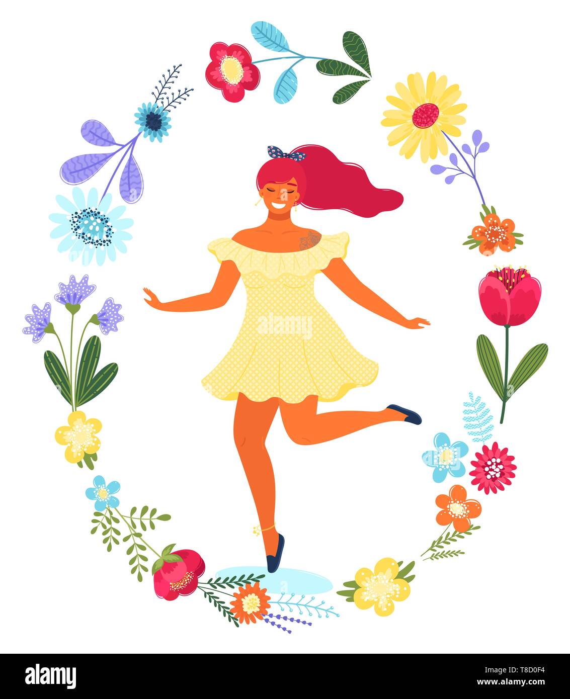 Plantilla vectorial con mujer alegre y en el círculo de la flor. Piso moderno colorido ilustración vectorial. Ilustración del Vector