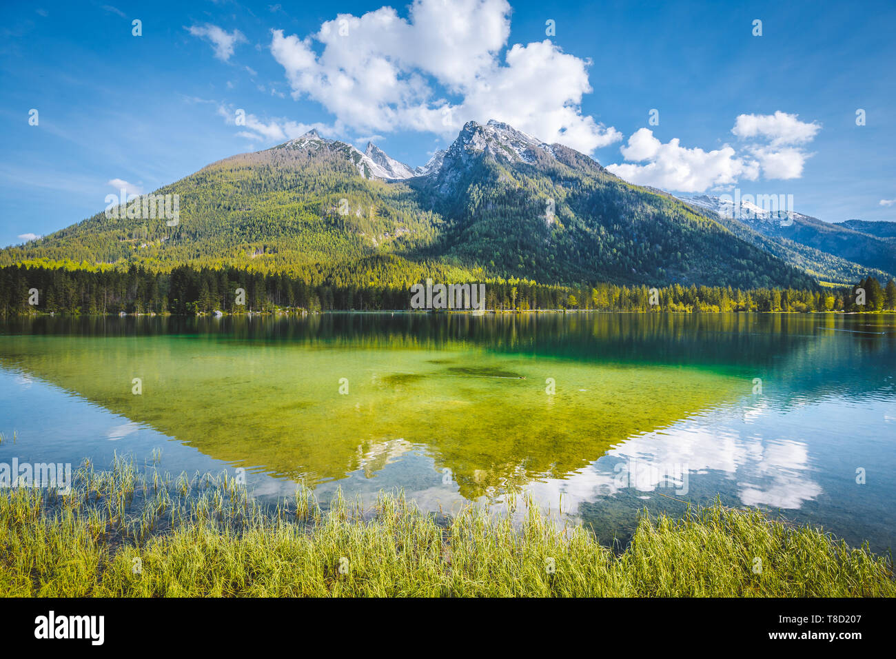 Hermosa vista del pintoresco Lago Hintersee en un hermoso día soleado con el cielo azul en verano, Baviera, Alemania Foto de stock