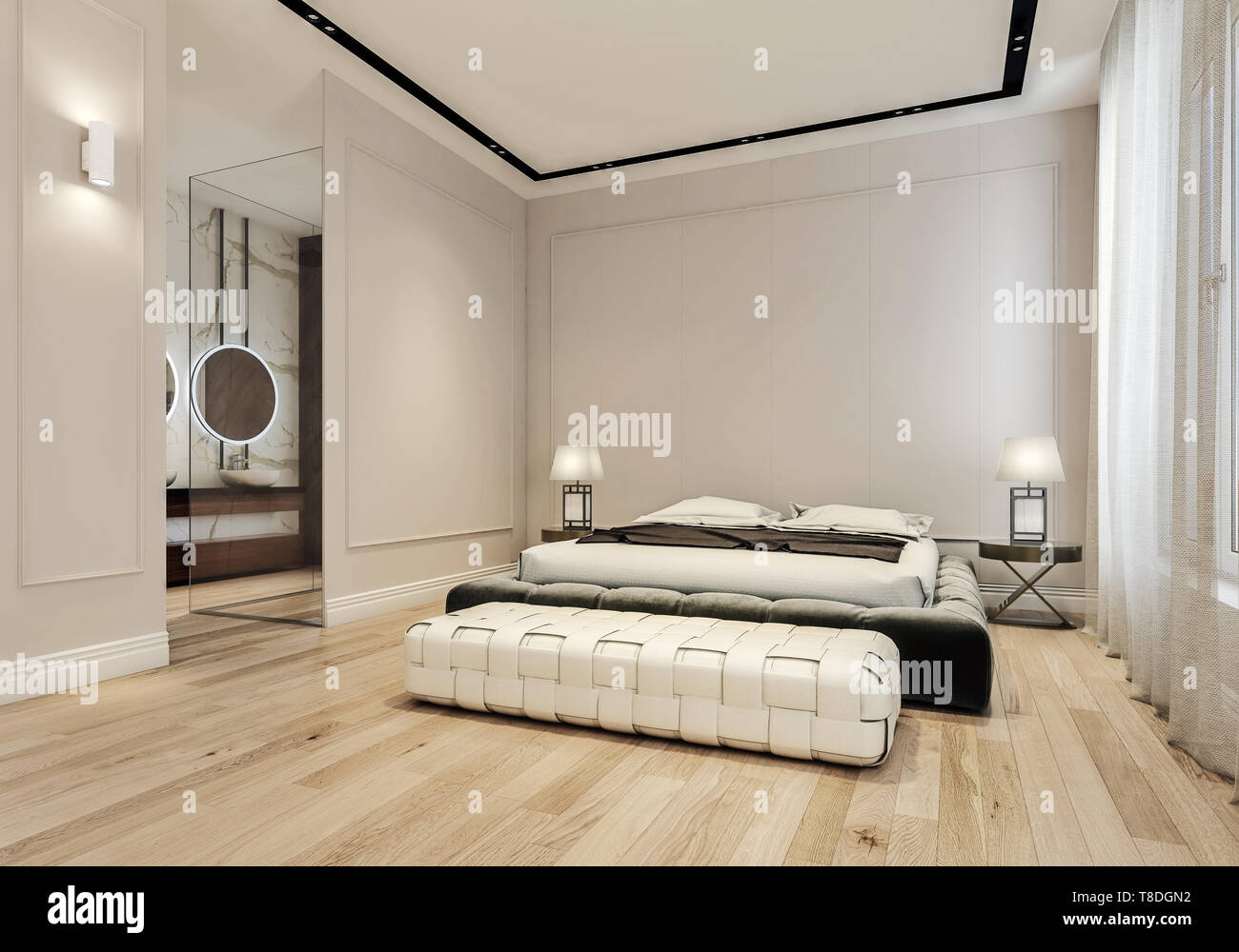Moderno Diseno Interior Del Dormitorio Principal Con Bano Grande Cama King Size Con Sabanas De Cama Suelos De Madera Y Paredes De Color Gris De Estilo Clasico Con Decorat Fotografia De Stock