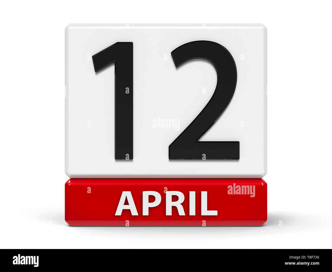 Rojo y blanco icono calendario de cubos - El 12 de abril - en una tabla blanca - Día Internacional de los vuelos espaciales tripulados y la cosmonáutica día tres Foto de stock