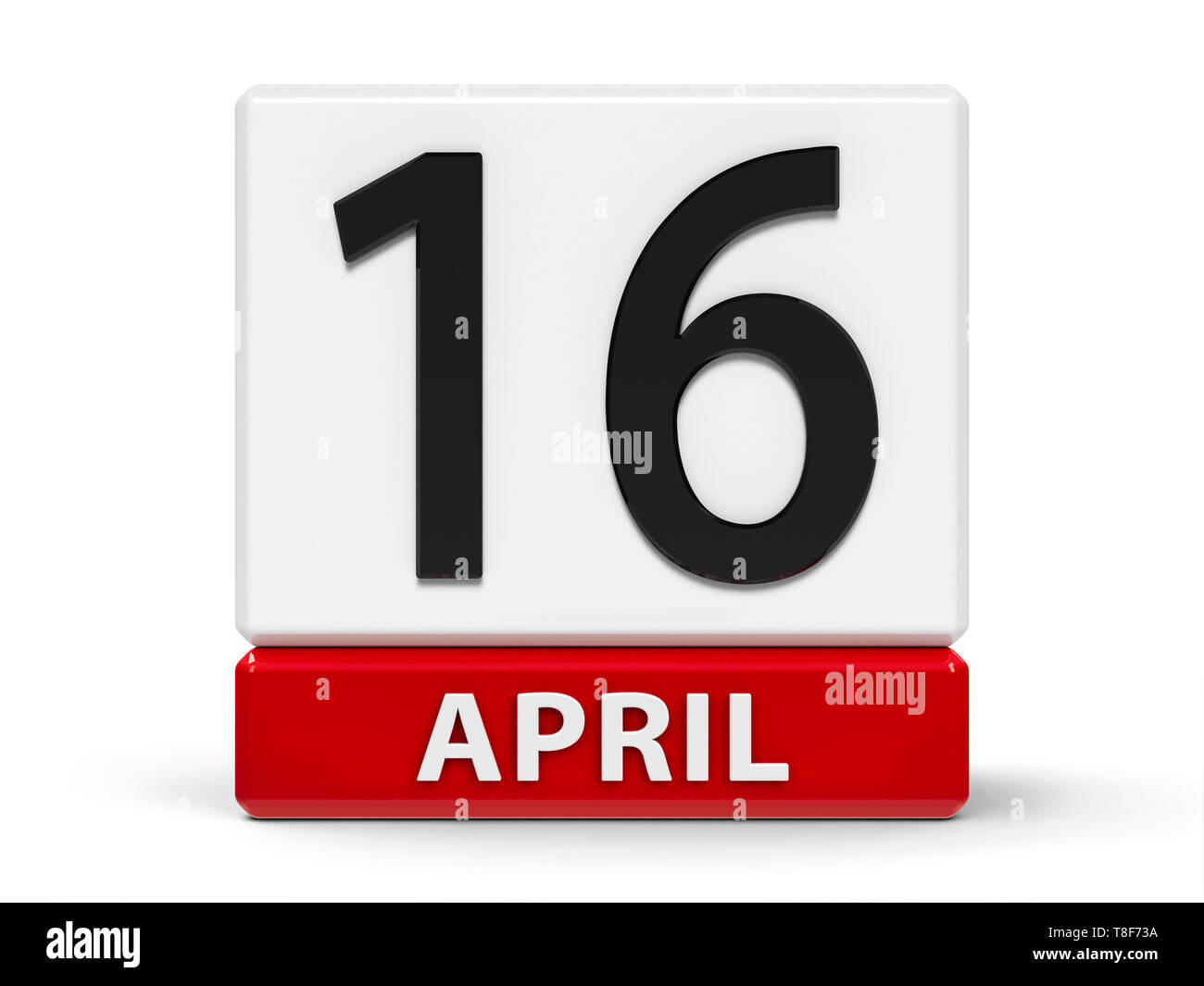 Rojo y blanco icono calendario de cubos - 16 de abril - en una tabla blanca - Día Mundial de la voz, la representación tridimensional, ilustración 3D Foto de stock