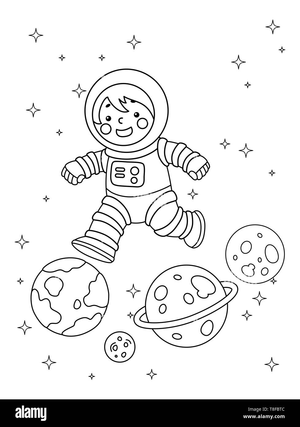 Página para colorear la ilustración de un niño niño o niña vestidos de  traje de astronauta saltando de planeta en planeta Fotografía de stock -  Alamy