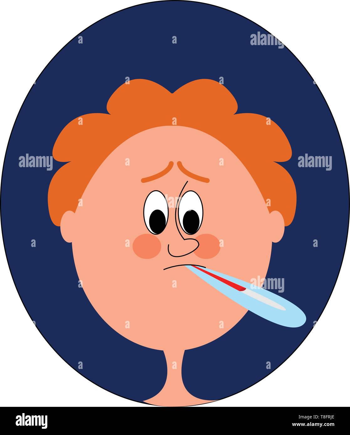 El rostro de un niño enfermo de dibujos animados con su cabello de color  naranja tiene un termómetro en su boca y con ojos bizcos mira la  temperatura que pico Imagen Vector