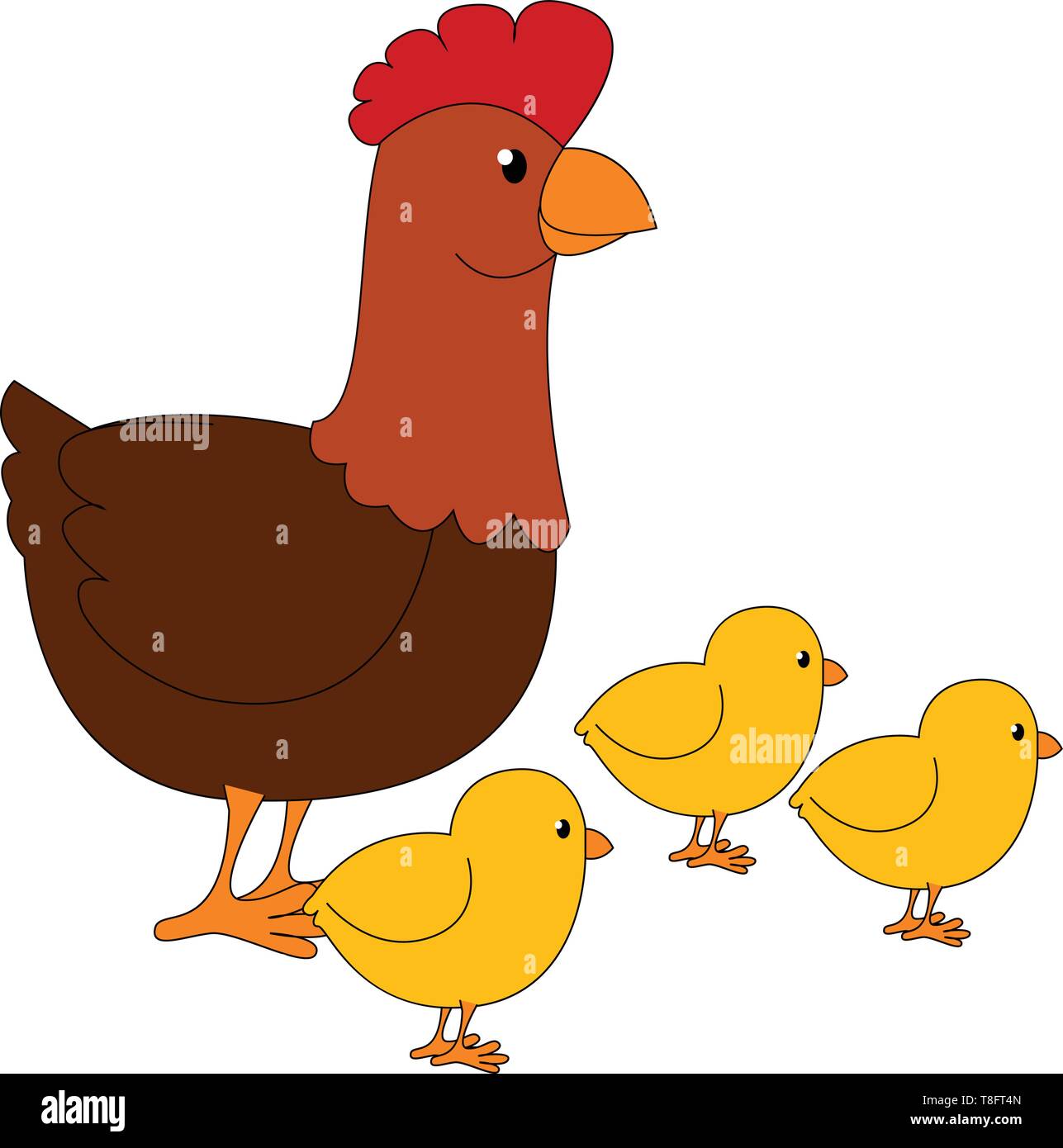 Tres cute poco amarillo pollos pastando junto con la mamá gallina con un peine rojo, marrón, amarillo ampollas en los pies, y robusto pico luce increíble, vector Ilustración del Vector