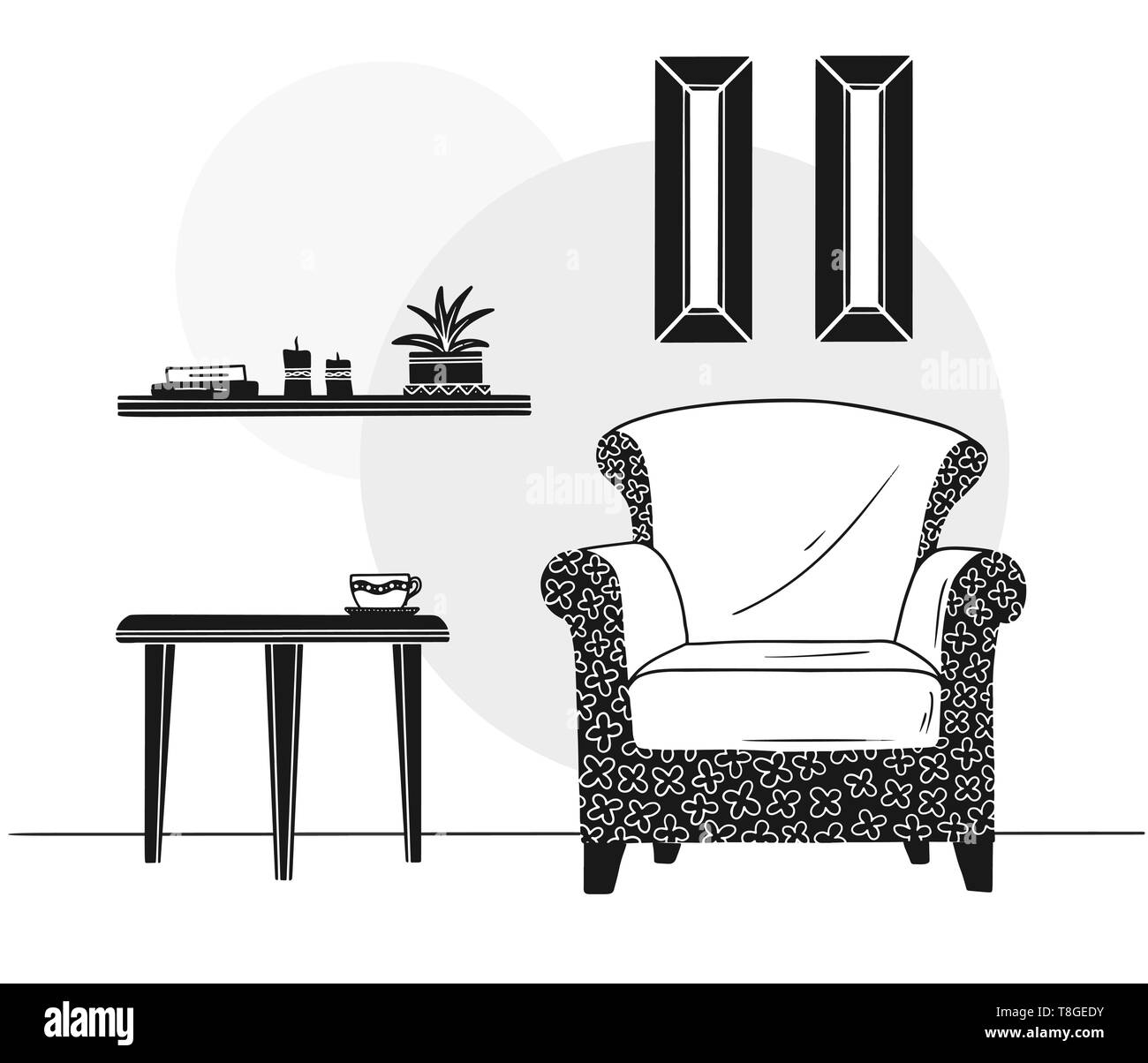 Silla, mesa con taza. Estantería con libros y plantas. Ilustración vectorial dibujada a mano de un estilo de dibujo Ilustración del Vector