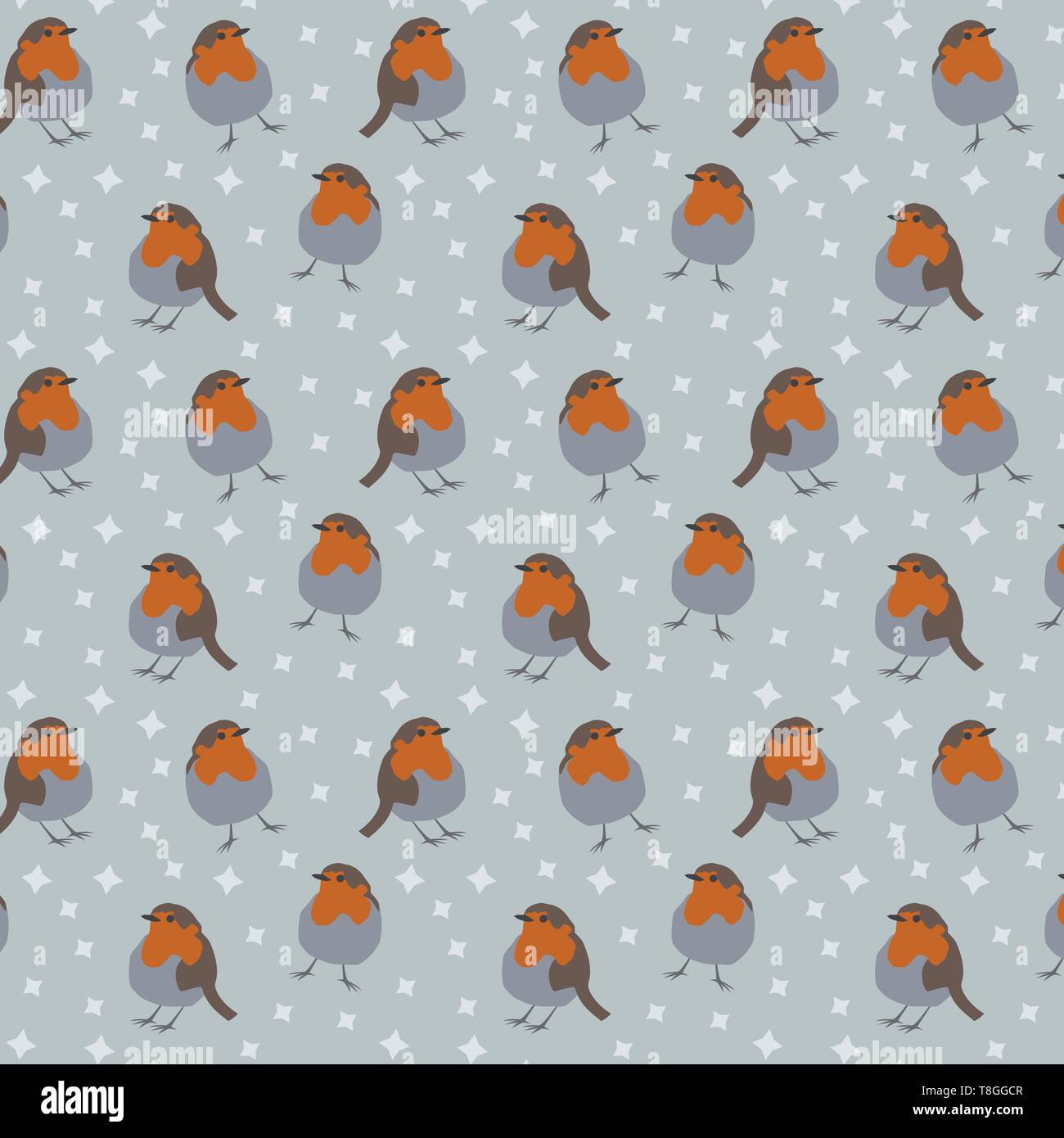 Robin aves patrón vectorial con fondo gris y estrellas Ilustración del Vector