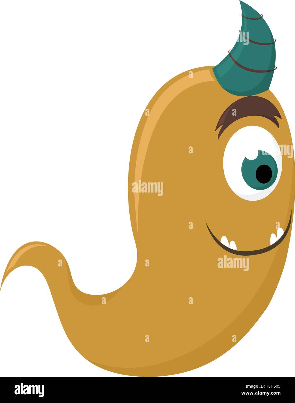 Un fantasma marrón con ojos azules y un cuerno, sin piernas, vector, el color de dibujo o ilustración. Ilustración del Vector