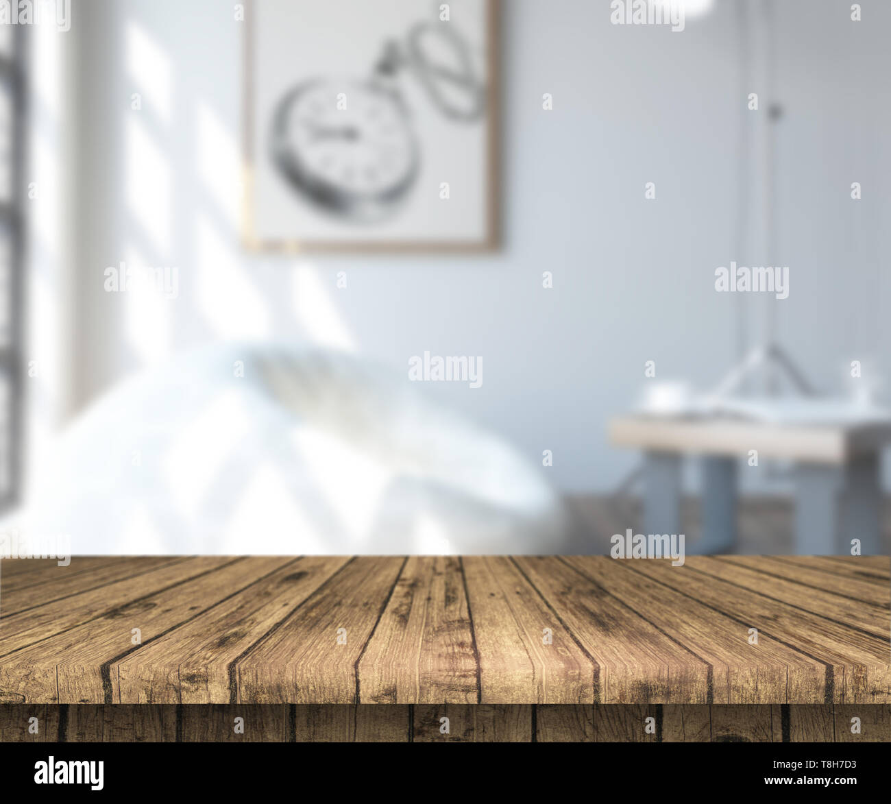 3D Render de una mesa de madera mirando a un espacio interior defocussed Foto de stock