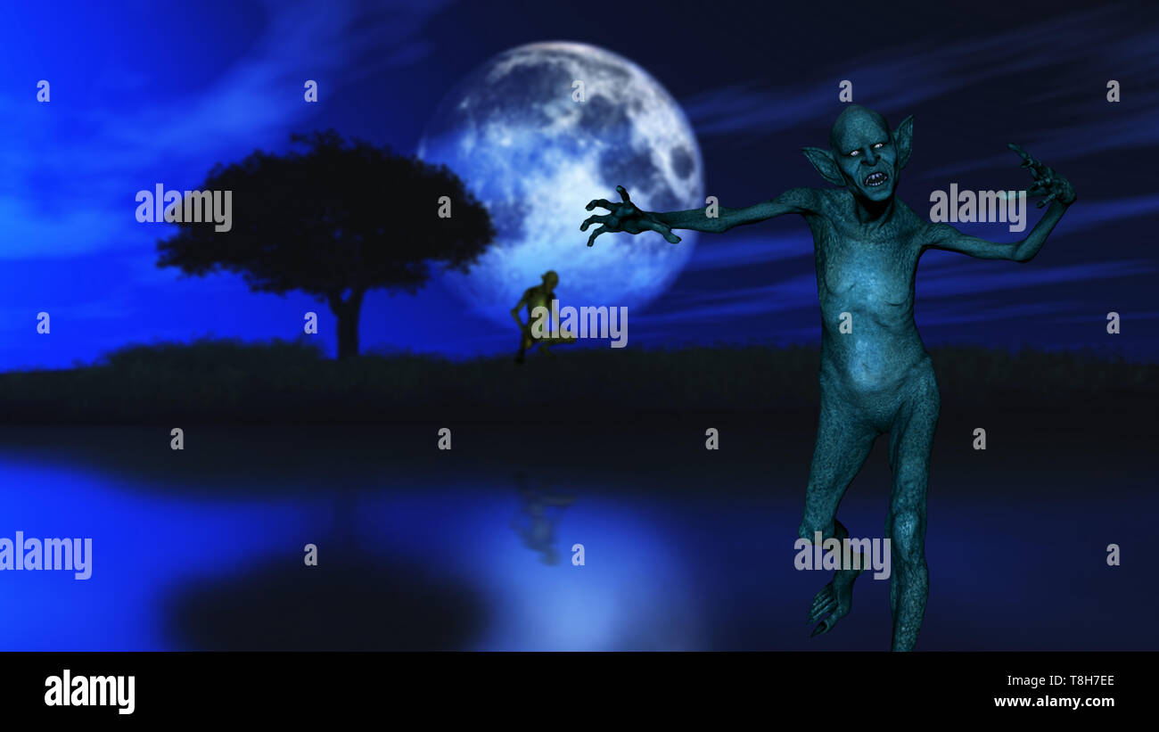 3D Render de un zombi con árbol siluetas contra un cielo moonlit Foto de stock