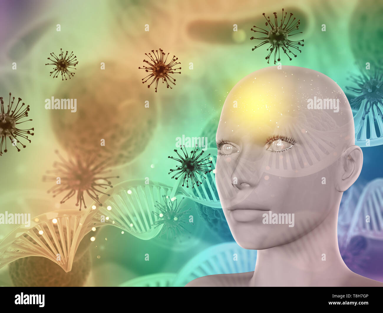 3D Render de un abstracto antecedentes médicos con rostro femenino, virus células y hebras de ADN Foto de stock