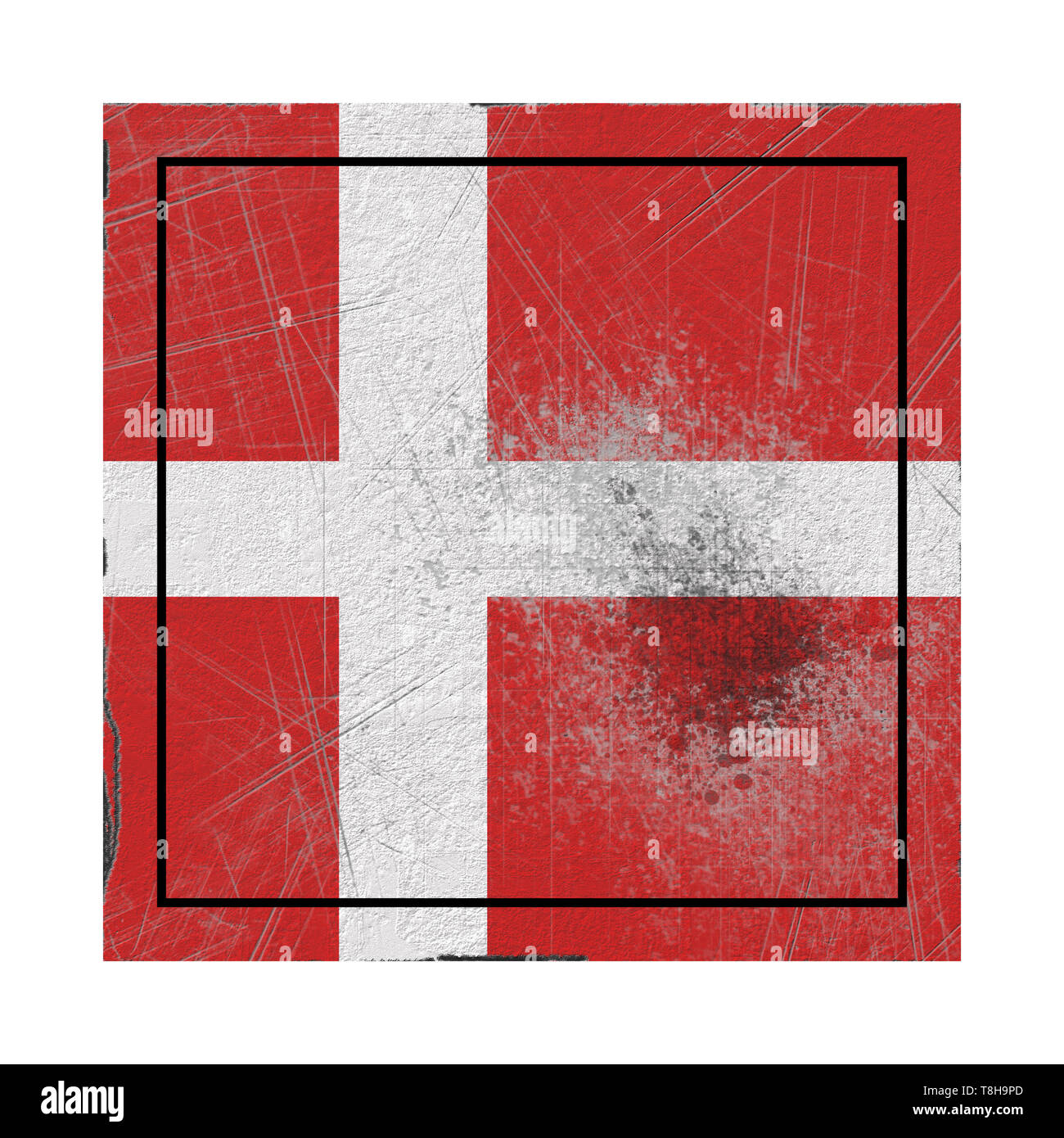 Representación 3D de Dinamarca la bandera del país sobre una superficie oxidada Foto de stock