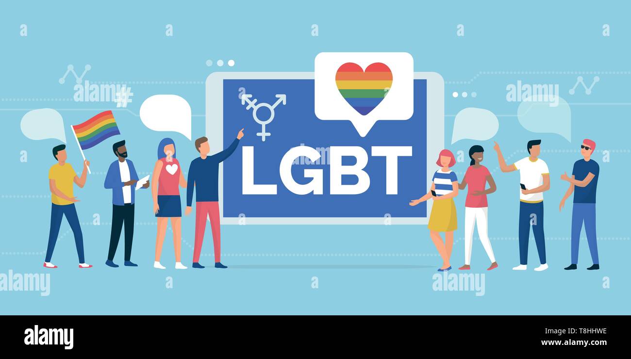 Grupo multiétnico de gente apoyando a los derechos de LGBT parade y comunidad online app en medios sociales, de género y de igualdad Ilustración del Vector