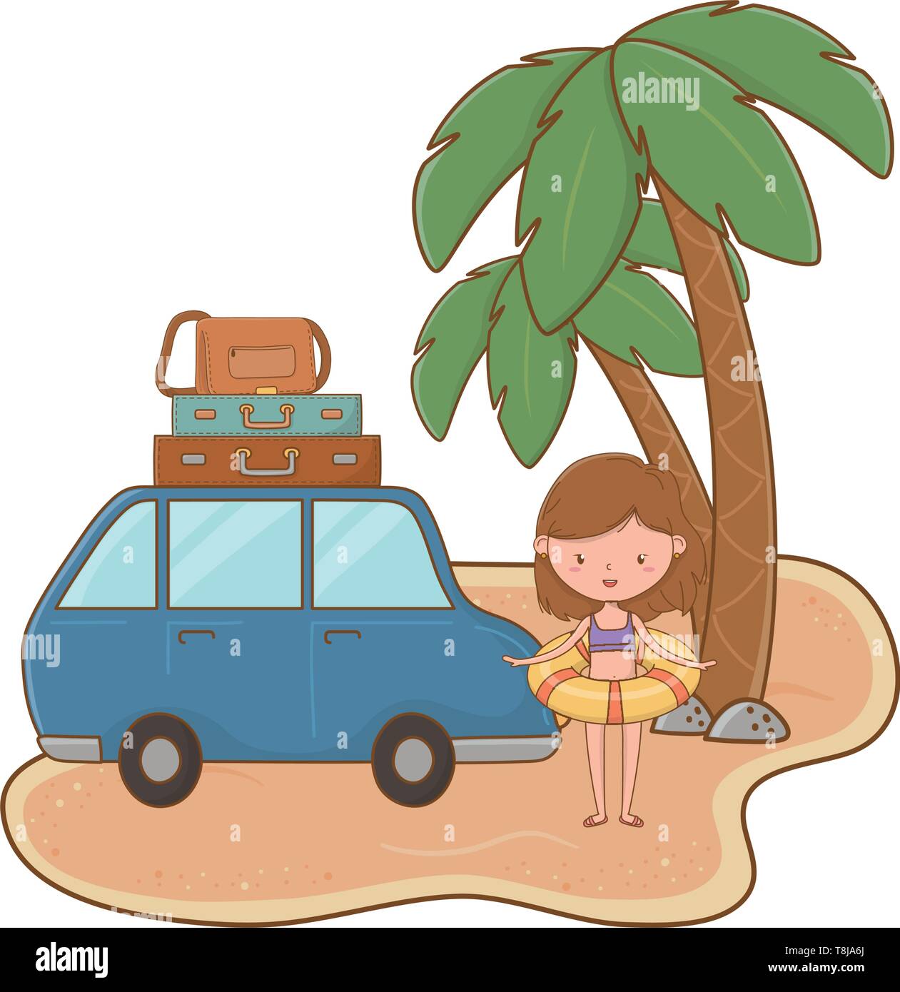 Niña feliz con bañador y flotador entre coche y palmas en la playa y viajes  verano cartoon ilustración vectorial Diseño editable Imagen Vector de stock  - Alamy