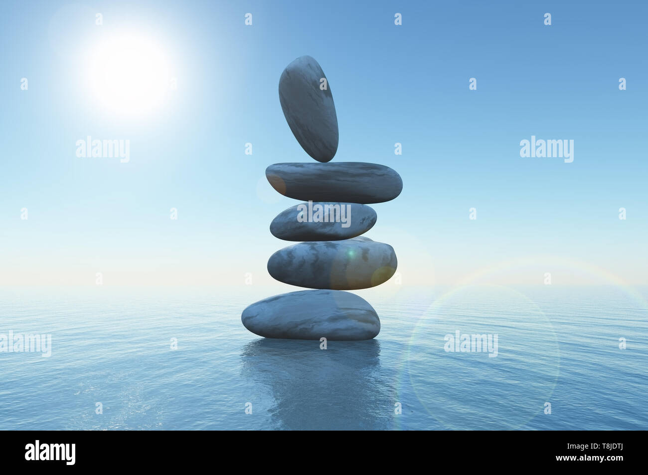 3D Render de equilibrar las piedras en el océano Foto de stock