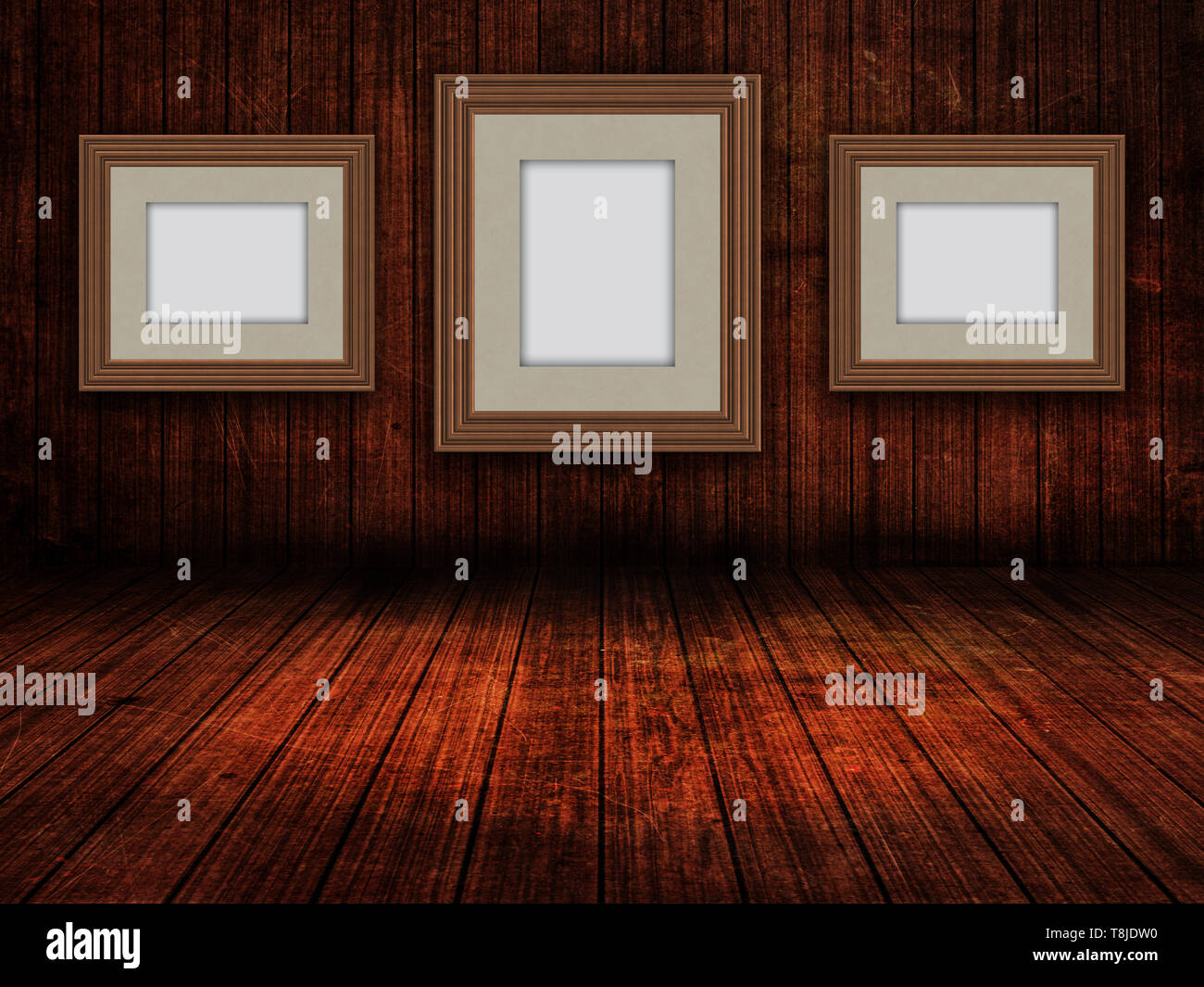 3D Render de Colgar cuadros en una imagen en blanco madera interior habitación grunge Foto de stock