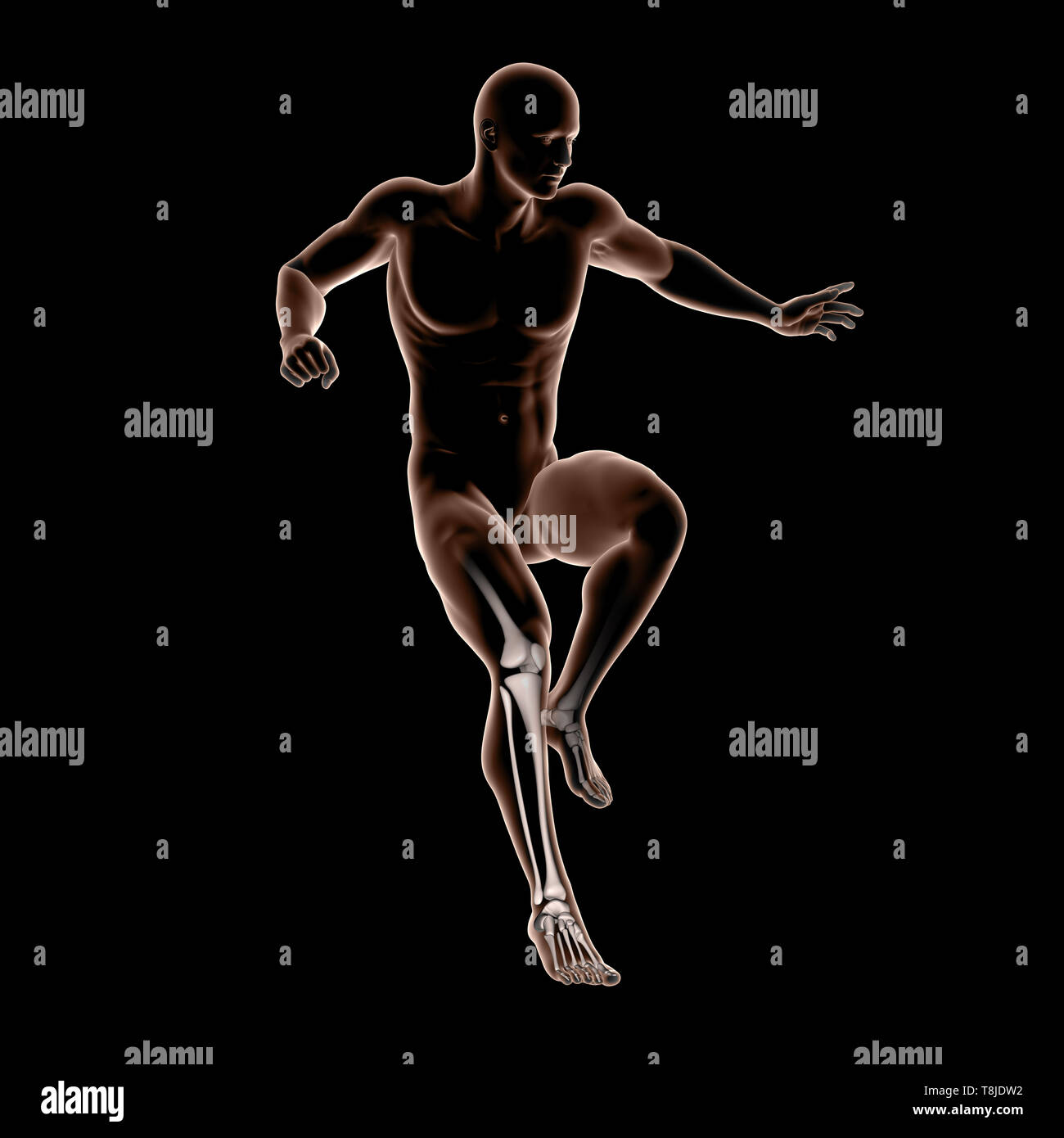 3D Render de médicos varones figura saltando con los huesos de la pierna resaltado Foto de stock