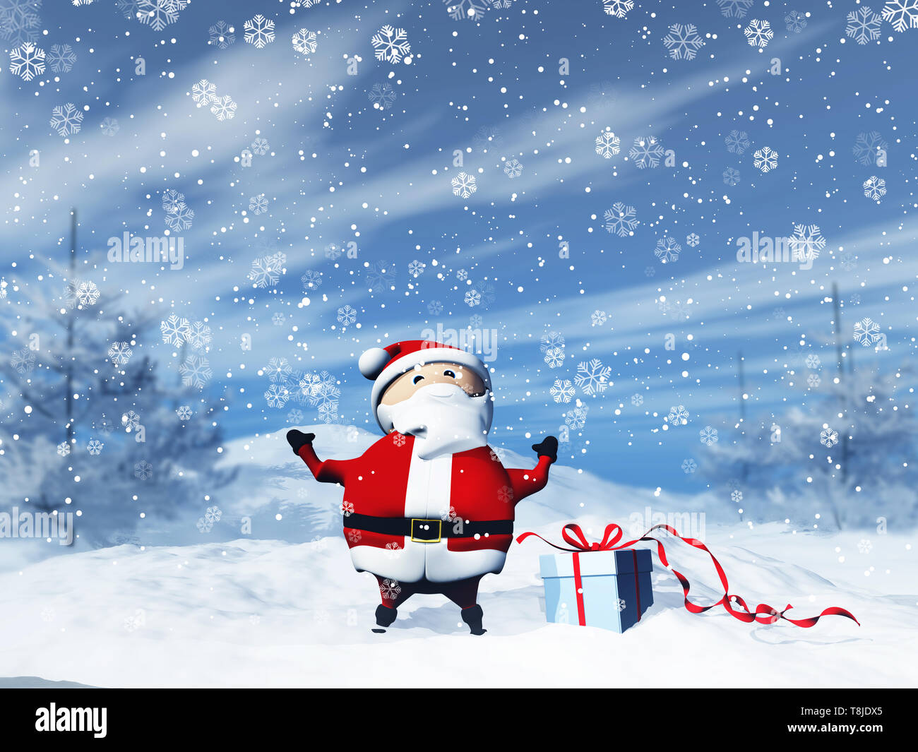 3D Render de Santa en un paisaje nevado con Don Foto de stock
