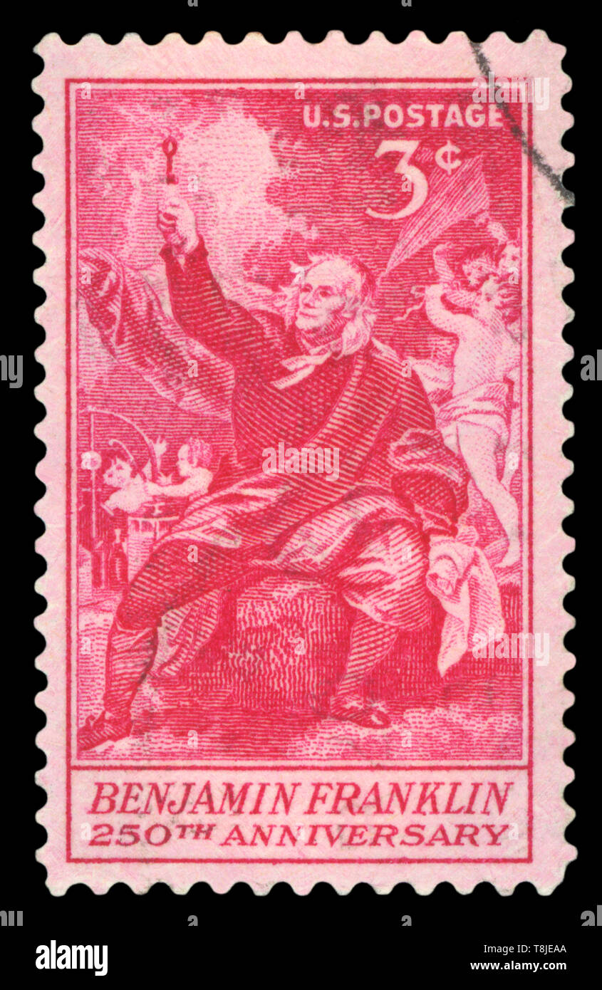 USA - Circa 1950 : un sello impreso en Estados Unidos. Honra a los muchos inventos e ideas de Benjamin Franklin. circa 1950. Foto de stock