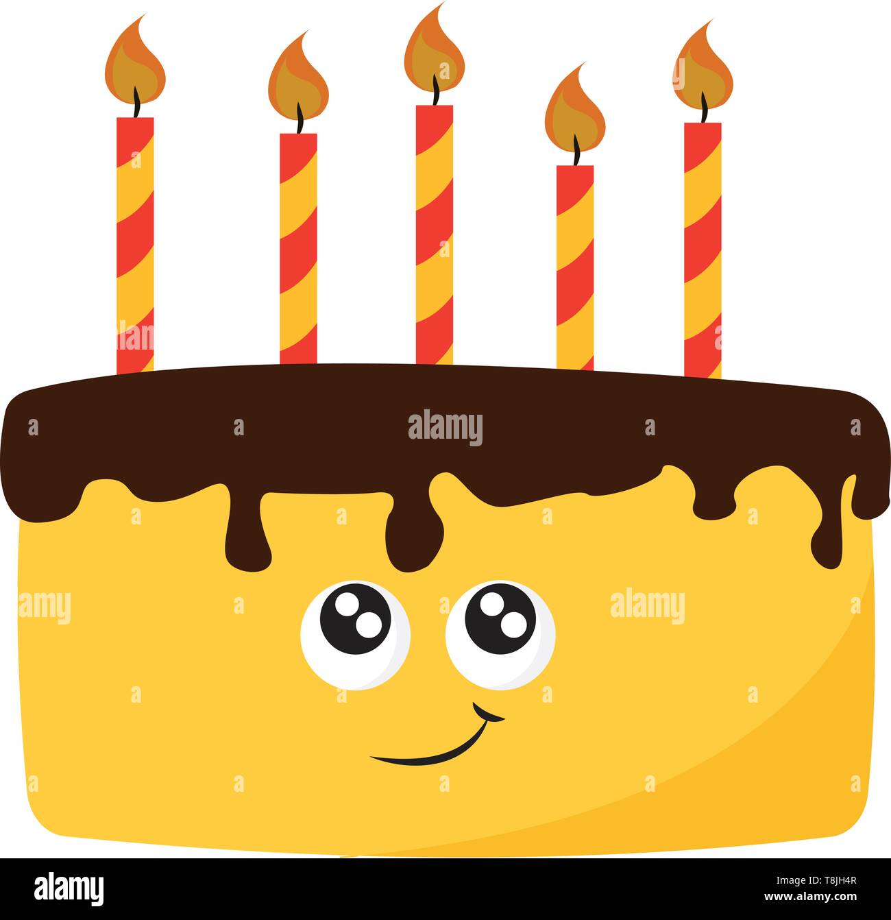 Una torta de cumpleaños, amarillo marrón con hielo, con rayas rojo-amarillo,  con un diseño de velas de una cara, el vector, el color de dibujo o  ilustración Imagen Vector de stock -