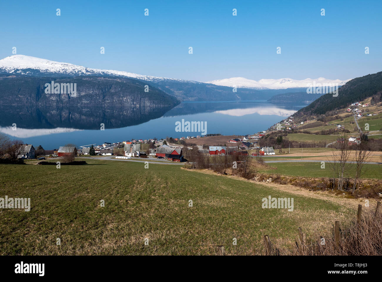 Utvik idílico en el condado de Sogn og Fjordane, Nordfjord, Noruega es una pequeña comunidad agrícola en la orilla meridional del Nordfjord no lejos de Olden. Foto de stock