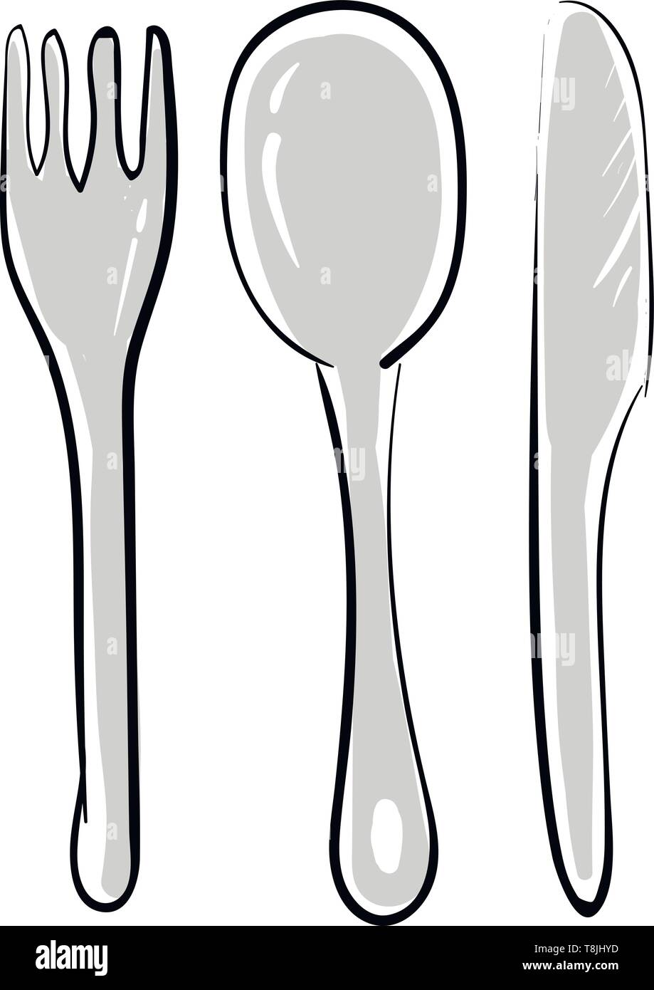 Un conjunto de plata utensilios de comedor; Cuchara, tenedor, cuchillo,  vector, el color de dibujo o ilustración Imagen Vector de stock - Alamy