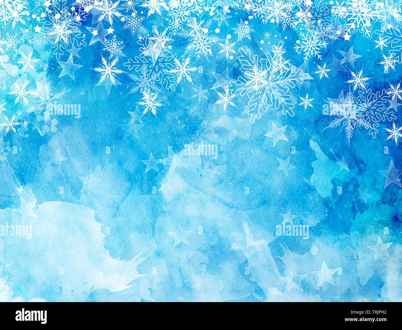 Christmas background de copos de nieve y estrellas en una acuarela textue Foto de stock