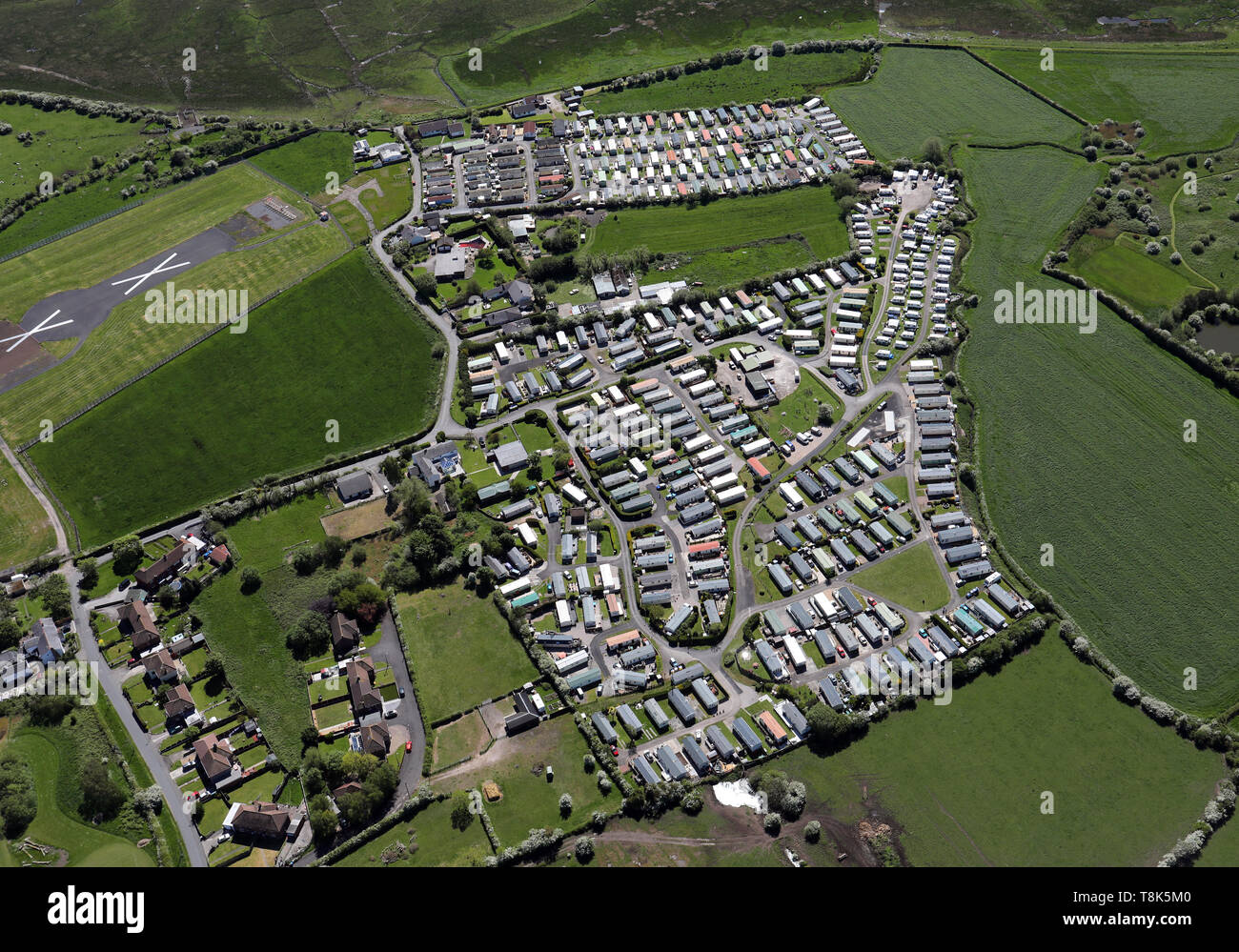 Vista aérea del Banco Caravan Park Lane & Vista Mar Caravan Park, Warton, cerca de Preston, Lancashire Foto de stock