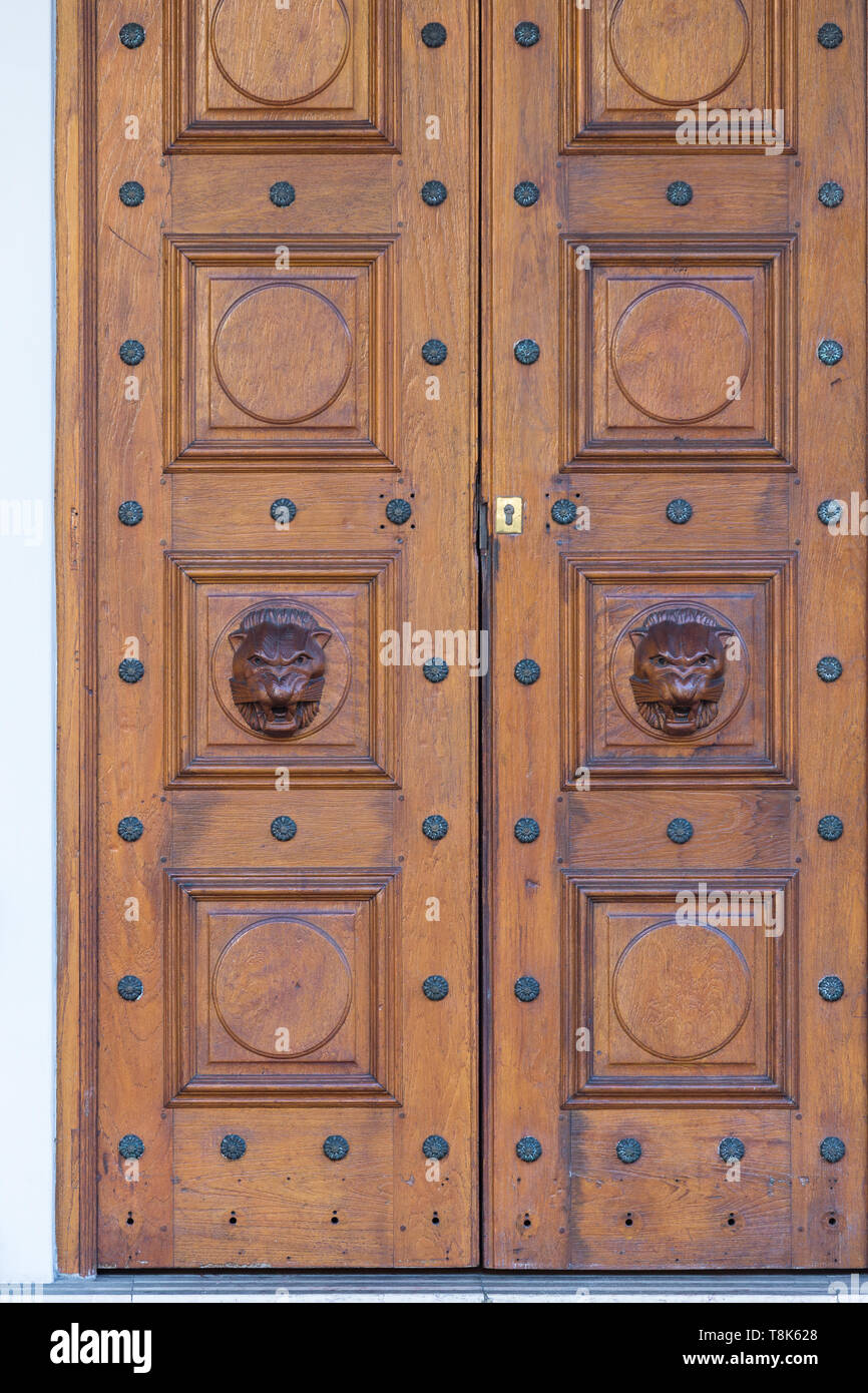 Doble puertas de madera con hermosos tallados a mano de cabeza de animal en  relieve tallado a mano en un panel de madera con clavos de metal circular  en relieve Fotografía de