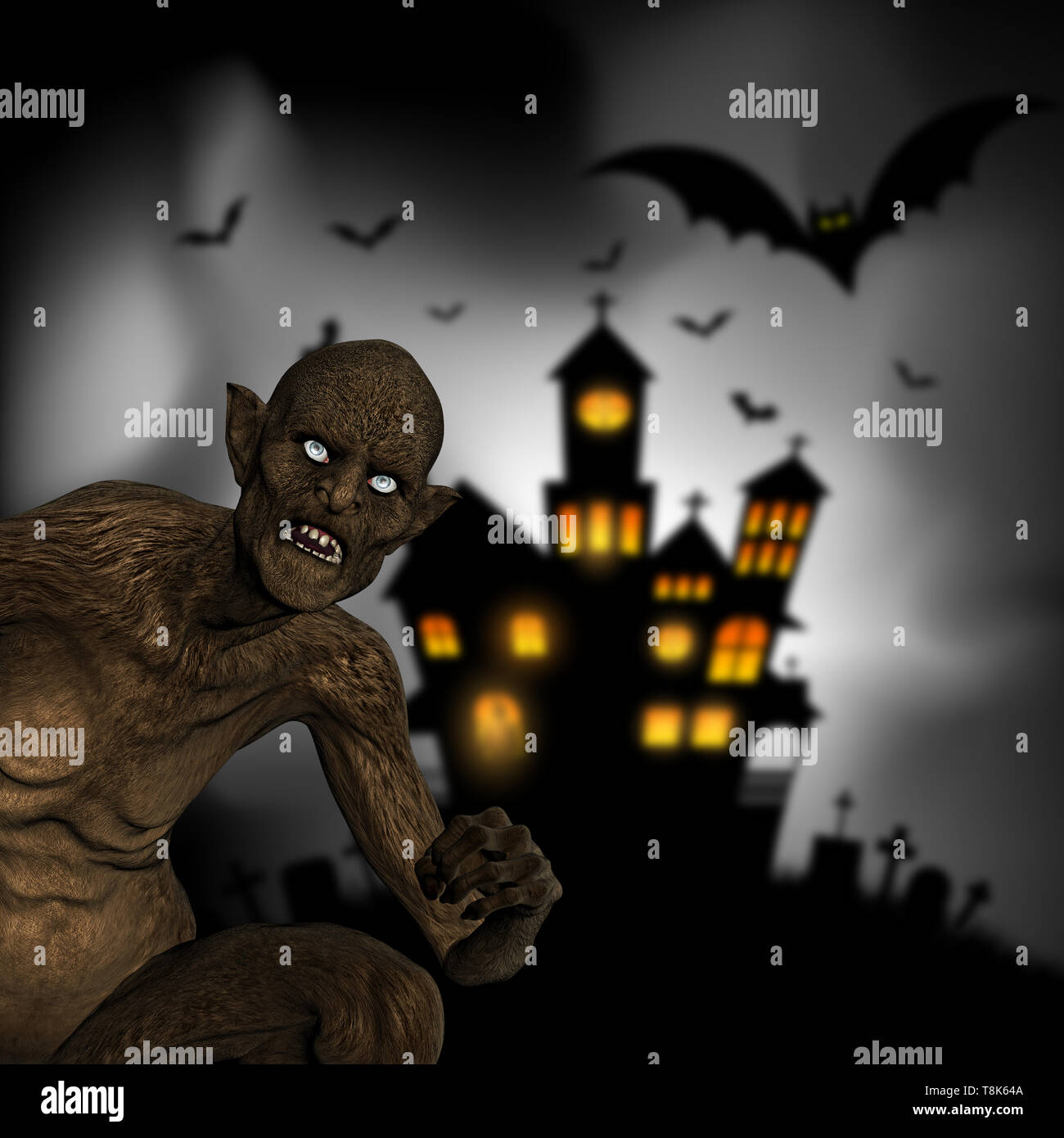 3D Render de un demonio perverso sobre un fondo de Halloween defocussed Foto de stock