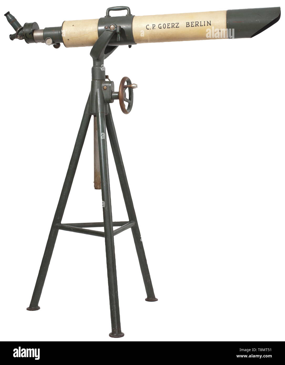 Un refractor C. P. Goerz 110/1270 con trípode y estuche original, circa  1910 Caja de acero telescopio, lisa y de color gris-campo luz barniz  rugoso, denominación original del fabricante en letras de