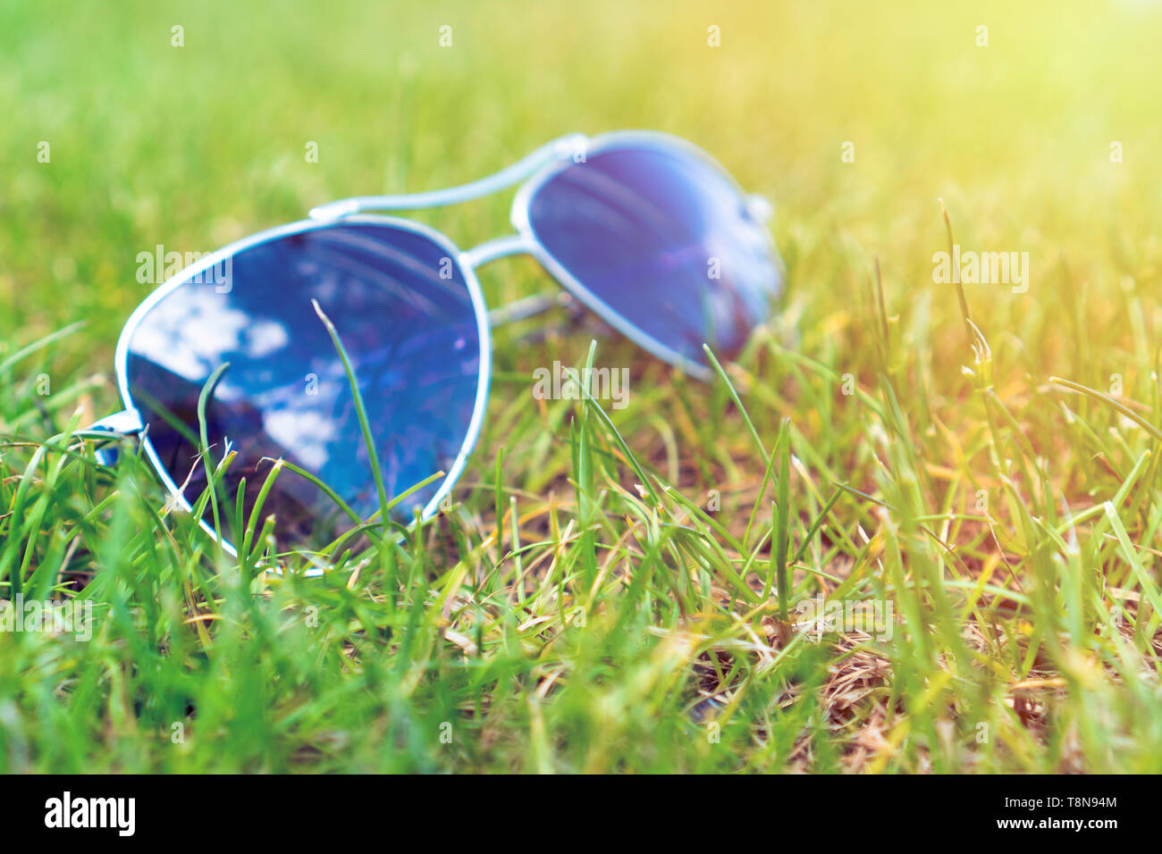 Soft Focus, gafas de sol, sobre la hierba verde, azul cielo, reflexiones, humor de verano. Foto de stock