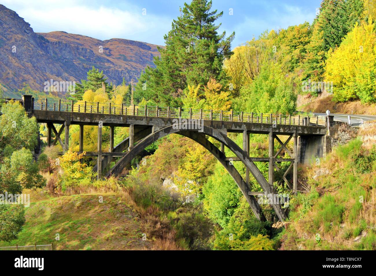 Un prístino vista de puente cerca de Arthurs Point, Queenstown, Nueva Zelanda. Este lugar es famoso por su aventura en lancha, shotover jet mediante desgarrada Foto de stock