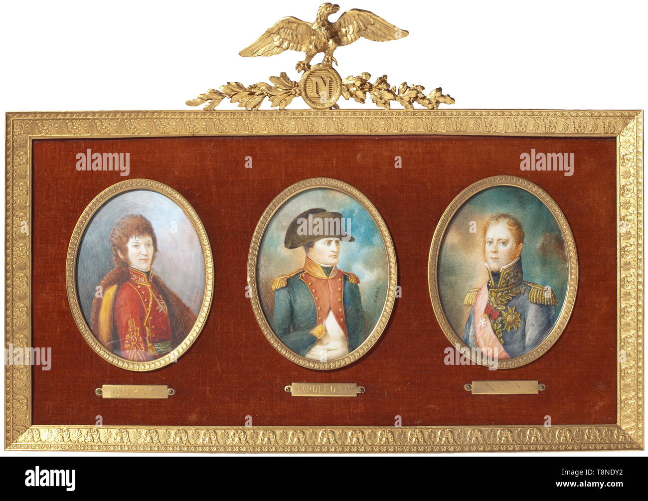 Louis Robin - tres retratos miniatura acuarela, cada pintura firmado 'L  Robin' en la parte inferior derecha, debajo de cada imagen de una placa de  metal dorado inscrito 'Murat', 'Napoleon' y 'Ney'
