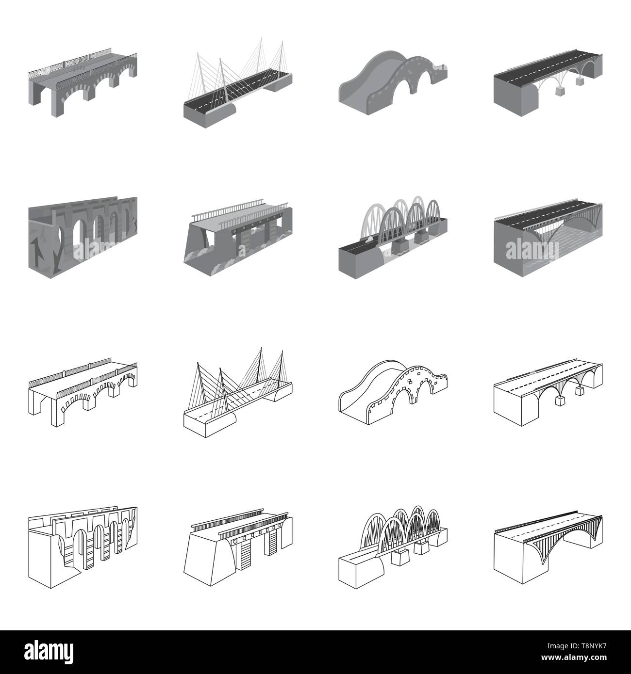 Puente, reubicación, construcción, peatón, montado,ciclismo,tren,prop,cable,costa,históricos,tren,mar,columna,suspendido,arco,río,ladrillo,metal,viejo,showplace,transporte,moderno,campo,bicicleta,long,edificio,carretera,Ferrocarril Conexión,diseño,construir,lado,bridgework,arquitectura,histórica,estructura,cruzando,vista,establecida,vector,icono,ilustración,aislado,collection, elemento gráfico,,signo vectores vectorial , Ilustración del Vector