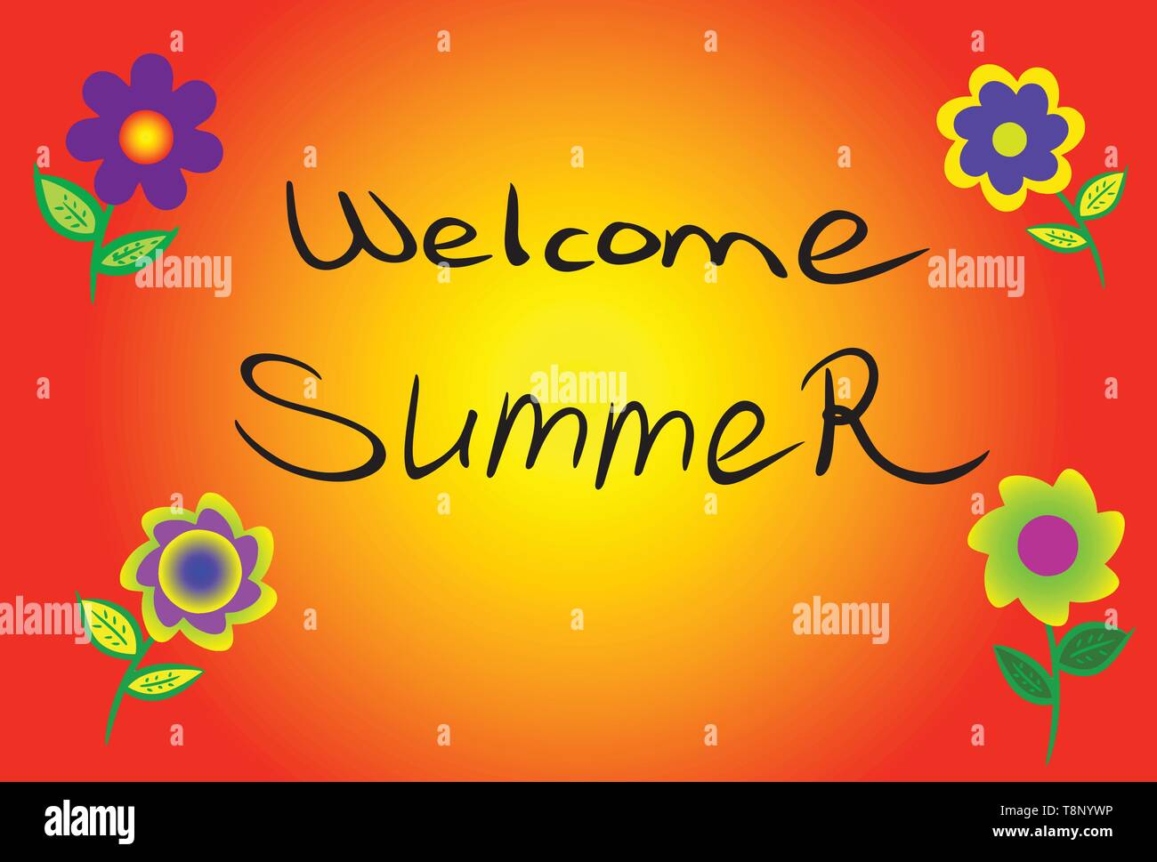 Bienvenido verano texto de escritura con coloridas flores frente al fondo  en tonos rojo y amarillo ilustración vectorial Imagen Vector de stock -  Alamy