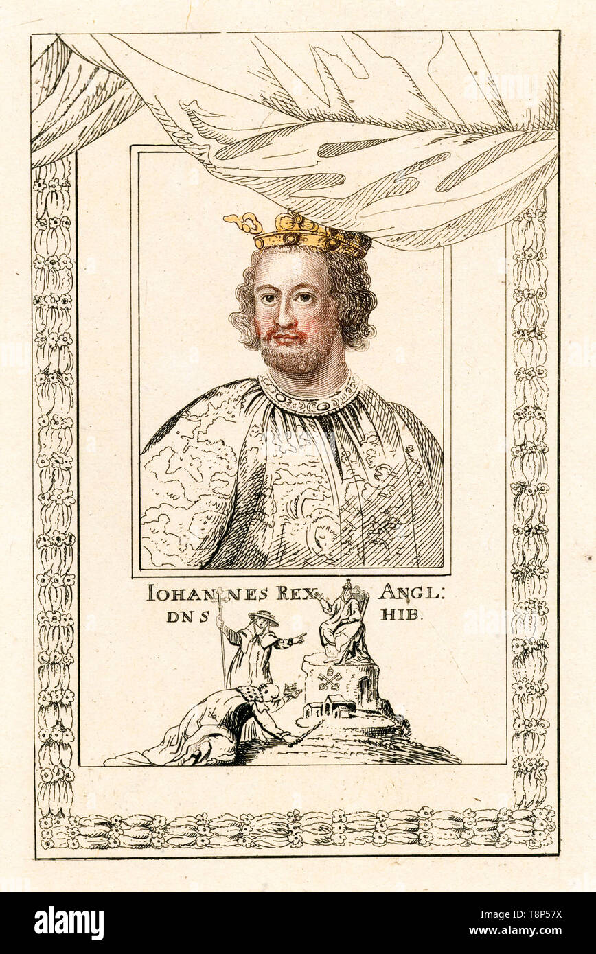El rey Juan, Rey de Inglaterra (1166-1216), retrato, grabado coloreado a mano, 1817 Foto de stock