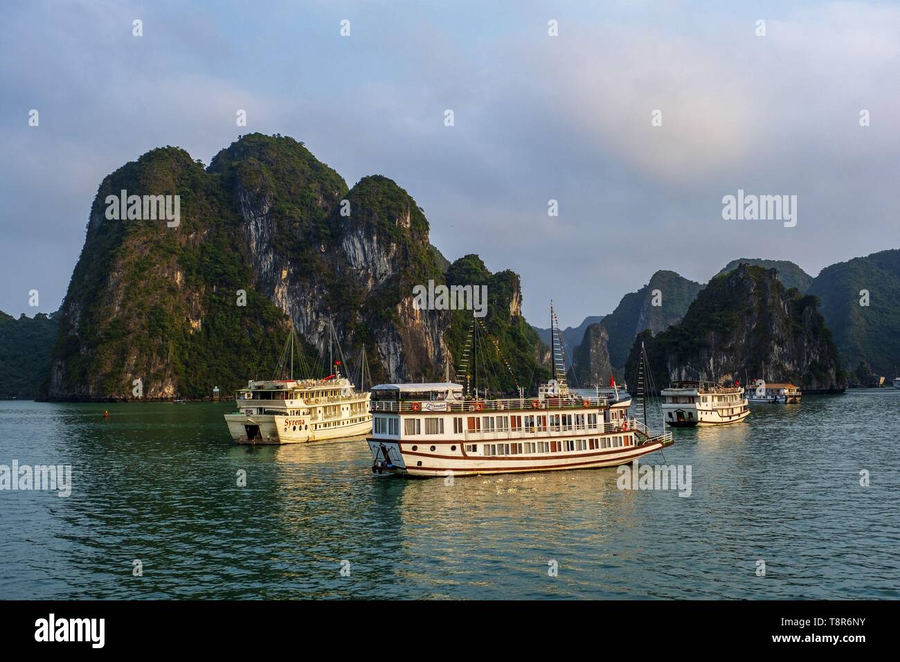 Vietnam, el Golfo de Tonkin, en la provincia de Quang Ninh, la bahía de Ha Long (Vinh Ha Long) listados como Patrimonio Mundial por la UNESCO (1994), icónico paisaje de formaciones cársticas, barcos de crucero Foto de stock