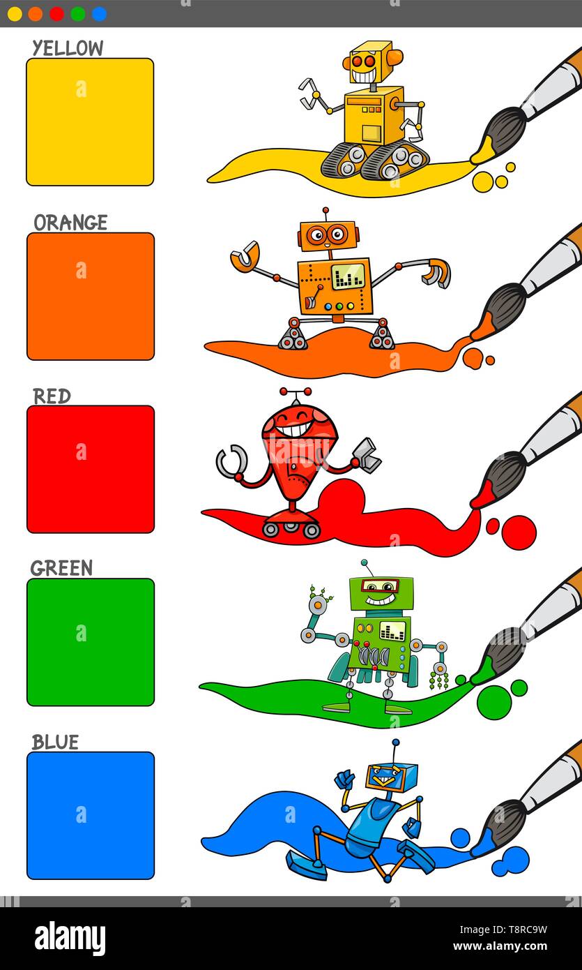 Ilustración de dibujos animados de colores primarios con divertidos  personajes Robot juego educativo para niños de edad preescolar Imagen  Vector de stock - Alamy