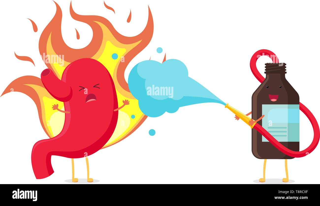 Cute dibujos animados quemaduras de carácter estomacal acidez estomacal.  Brown frasco de medicina pone un incendio como el bombero. Órganos del  sistema digestivo nhealthy vector si Imagen Vector de stock - Alamy