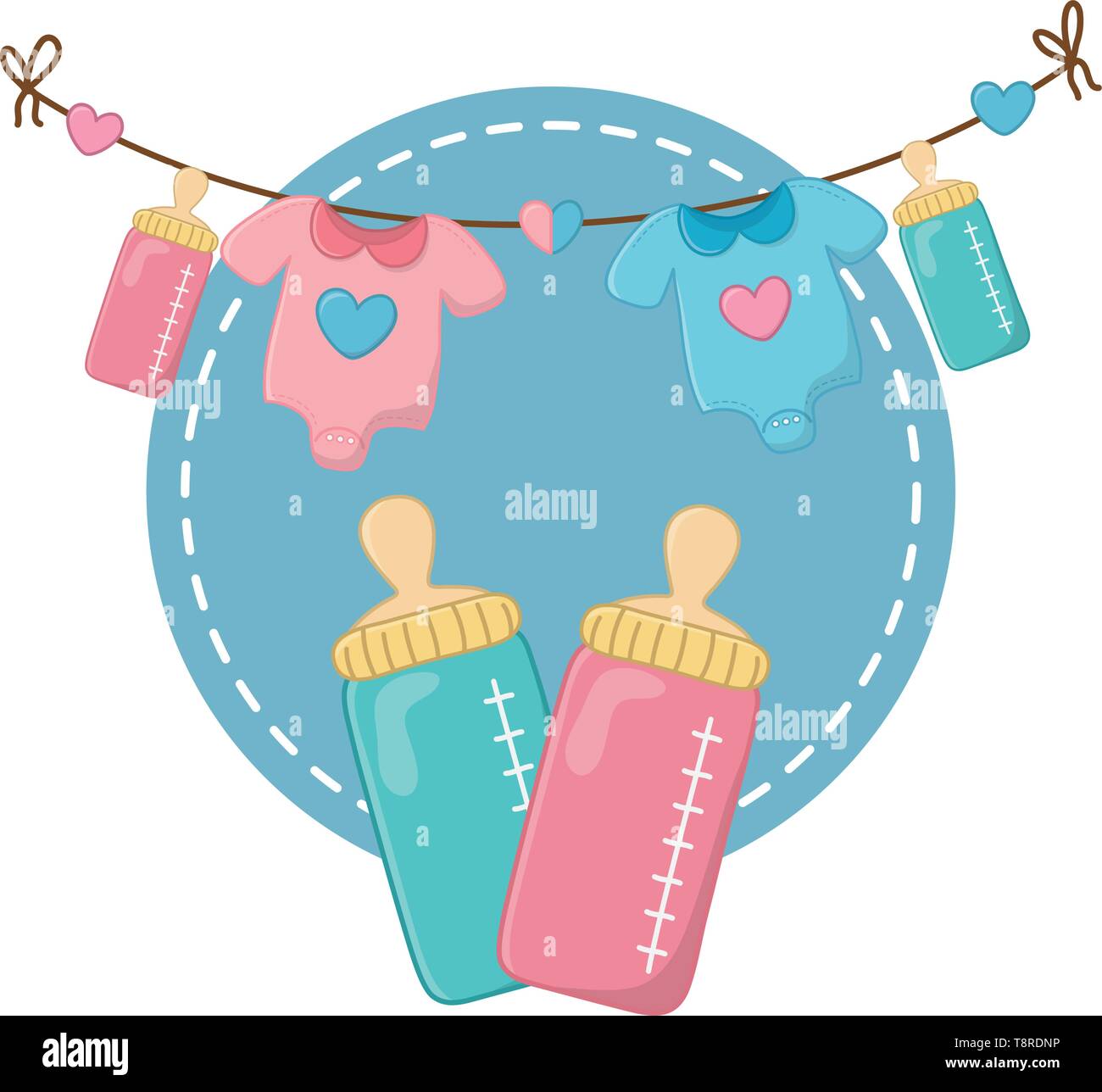 Bastidor Redondo con biberón ropa de bebé colgando tendedero cuerda ilustración diseño gráfico Imagen Vector de stock - Alamy