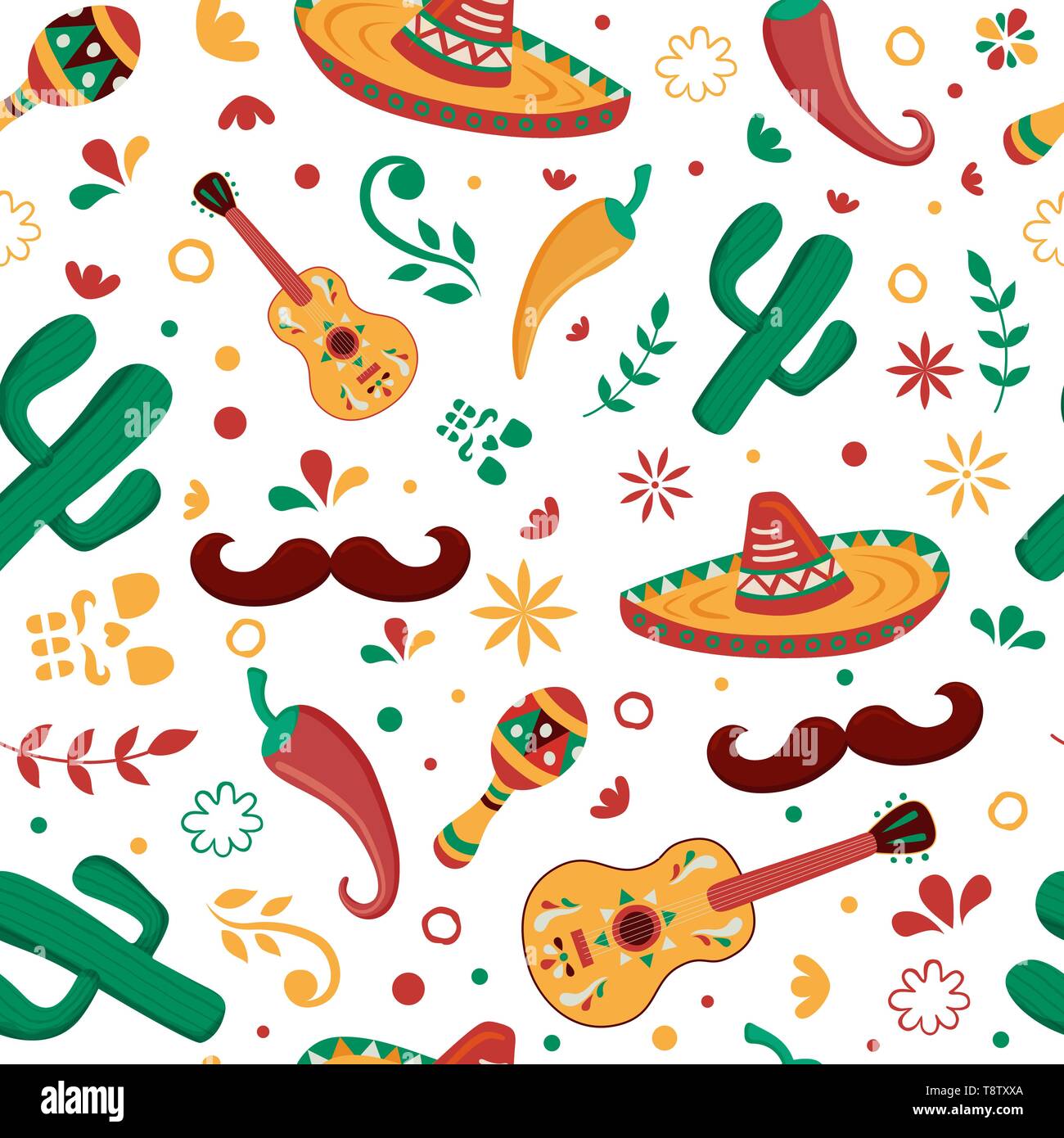 Perfecta mexicano patrón con decoración de cultura tradicional de México. El Mariachi de fondo para la celebración o evento especial de país. Ilustración del Vector