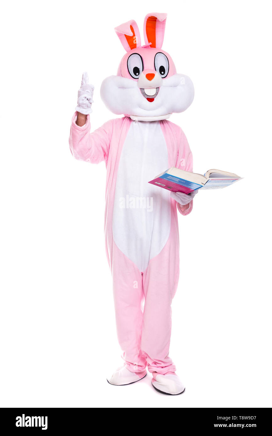 Funny Easter Bunny lee el libro, obtiene una educación, tratando de ser inteligente. Tamaño de la vida traje de conejo con libros sobre fondo blanco. Foto de stock