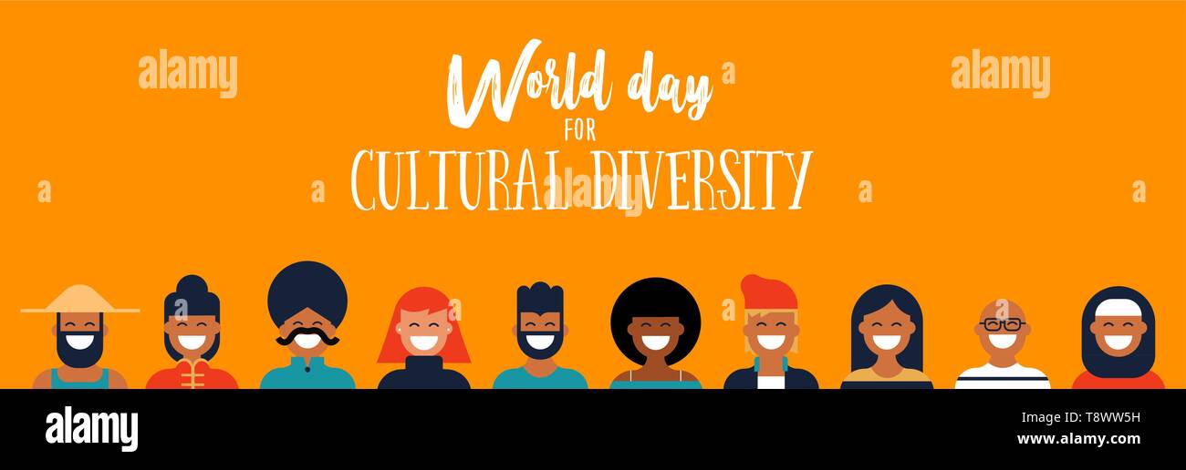 Día Mundial de la Diversidad Cultural banner web ilustración del pueblo étnicos diversos iconos. Ayuda social y el concepto de paz. Ilustración del Vector