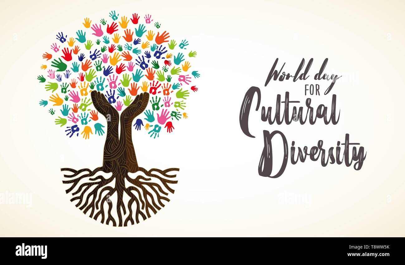 Tarjeta Del Dia De La Diversidad Cultural De La Ilustracion Arbol De Huellas De Manos Humanas Juntos Por Concepto Del Amor Y De La Paz Imagen Vector De Stock Alamy